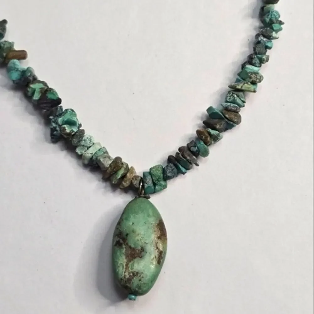 Treska Turquoise Chip Bead Necklace Oval Pendant Southwestern Boho Teal Blue